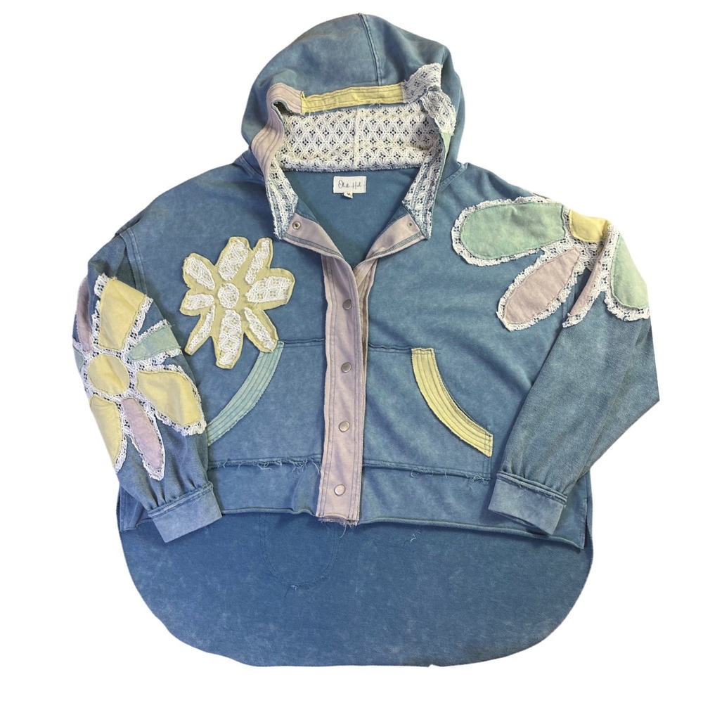 Oli & Hali Hoodie Blue Floral Patchwork Lace Oversized M Boho Cottagecore